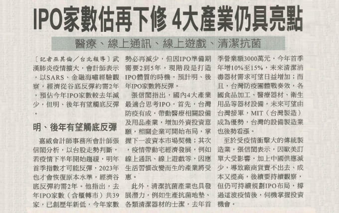 IPO家數估再下修 4大產業仍具亮點